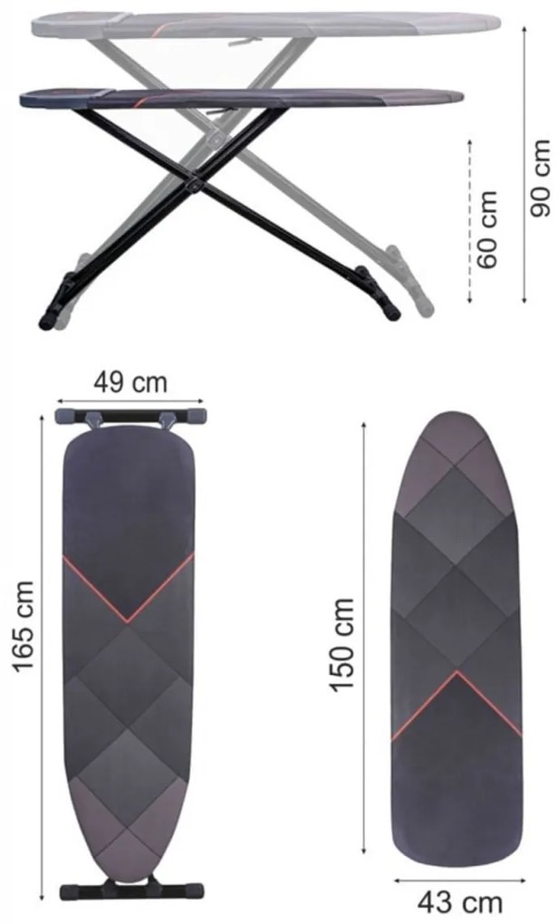 Masa de calcat Premium Harbinger® Alfboard, Pentru fier si statie de calcat, Suprafata de calcare 43X150 cm, Inaltime ajustabila 60-90 cm, Monobloc,
