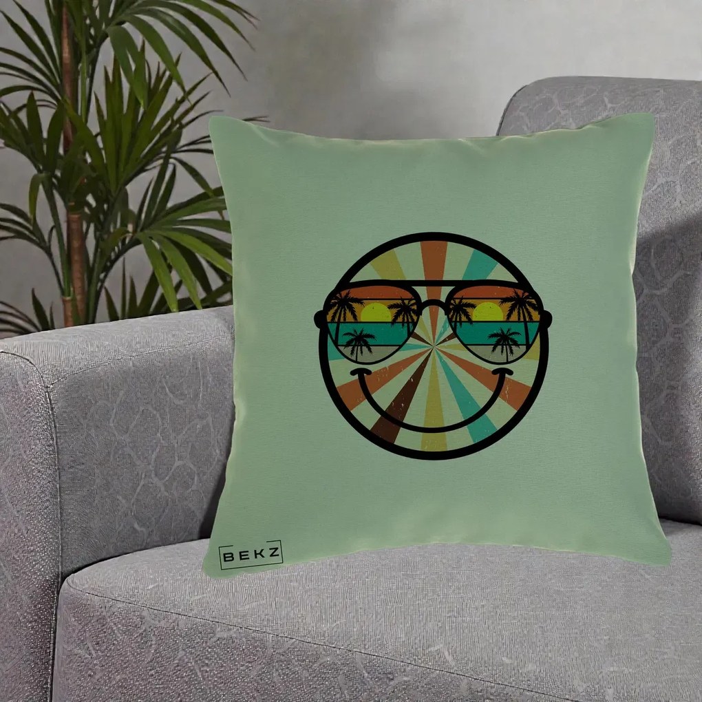 Perna Decorativa Smiley Face Retro Sunset Palmieri, 40x40 cm, Verde, Husa Detasabila, Perna Inclusa, BEKZ®