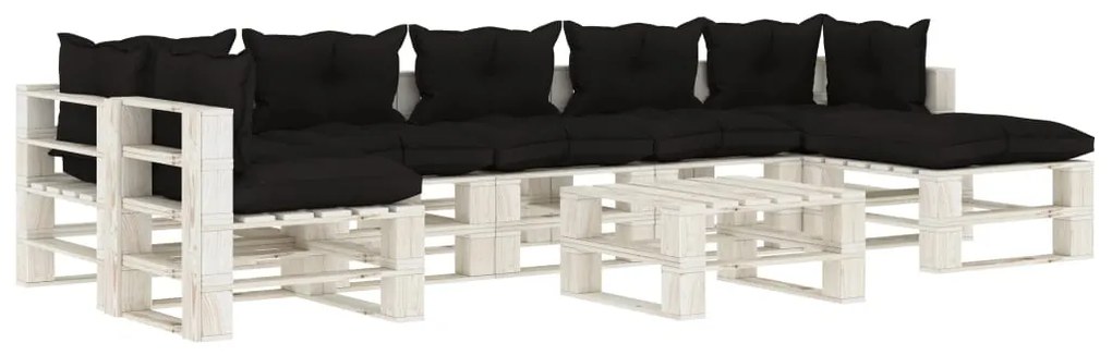 3052367 vidaXL Set mobilier grădină din paleți cu perne negre, 8 piese, lemn