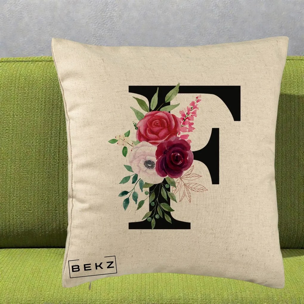 Cadou Personalizat - Perna Personalizata Monograma Florala Litera F, 40x40 cm, Bej, Husa Detasabila, Perna Inclusa, BEKZ®