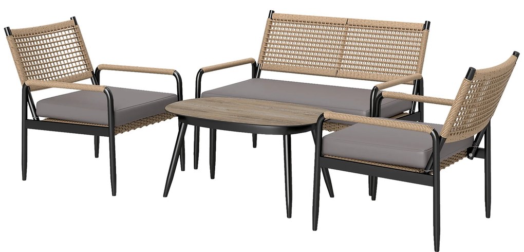 Outsunny Set de mobilier de grădină din rătan Set de lounge cu canapea dublă, fotoliu, masă cu geam, perne pentru 4 persoane, Gri închis+Galben | Aosom Romania