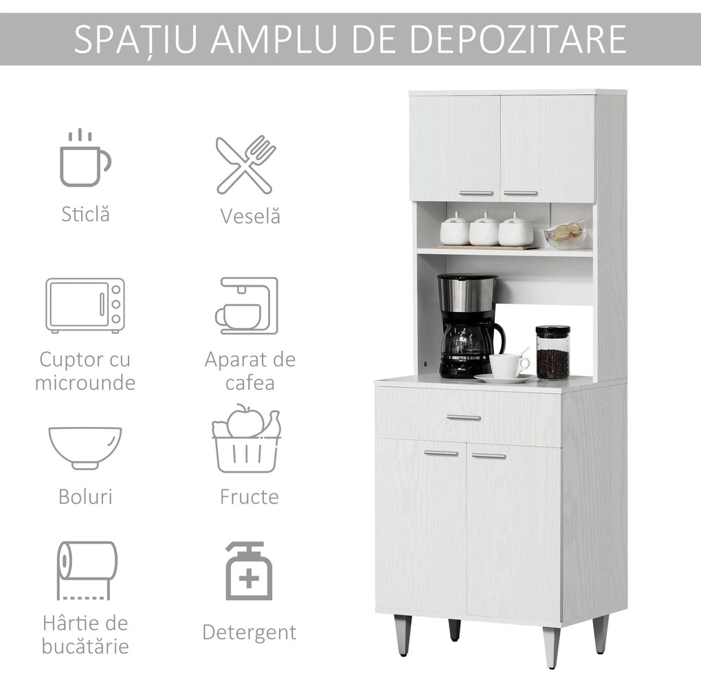 HOMCOM Dulap Mare de Bucătărie Clasic, Design Elegant din Lemn, Finisaj Alb, Spațios și Versatil, Ideal pentru Orice Bucătărie | Aosom Romania