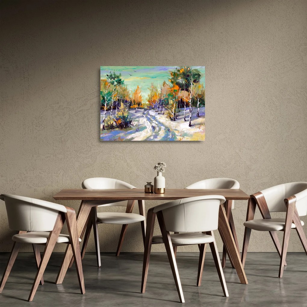 Tablou pe sticlă - Drum înzăpezit prin pădure (70x50 cm)