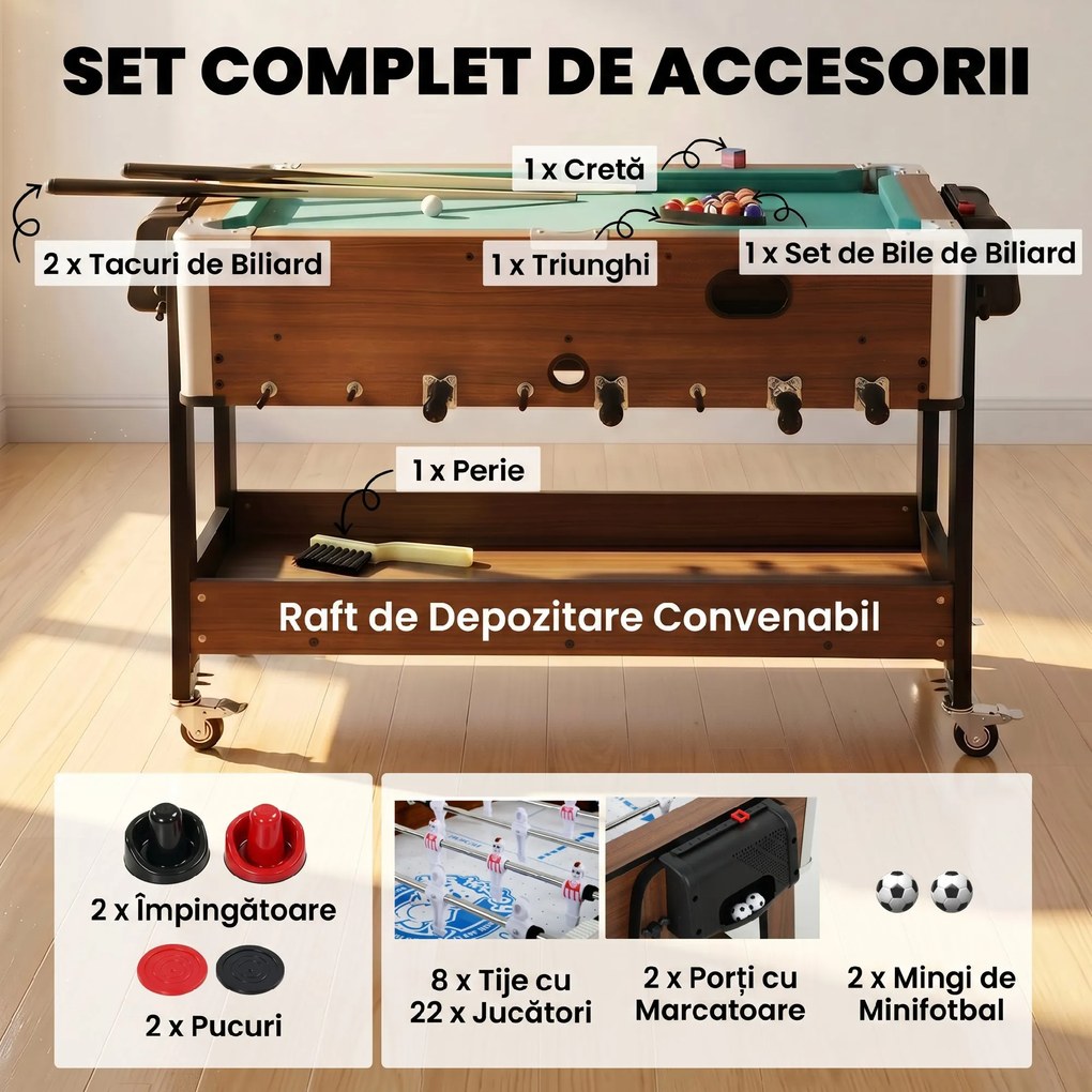 SPORTNOW Masă 3 în 1: Air Hockey, Biliard, Fotbal de masă, Roți blocabile, Poliță | Aosom Romania
