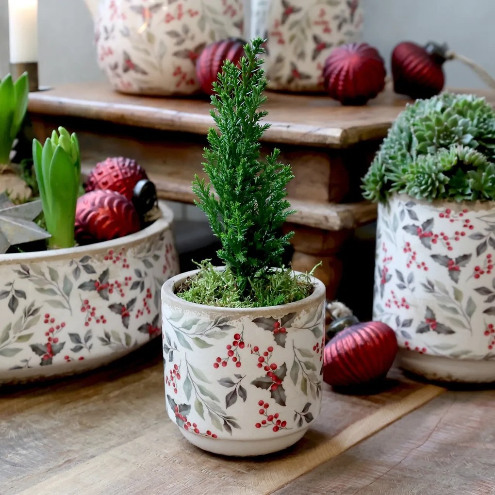 Ghiveci din ceramică cu frunze și fructe de pădure, aspect vintage, H10/D10 cm