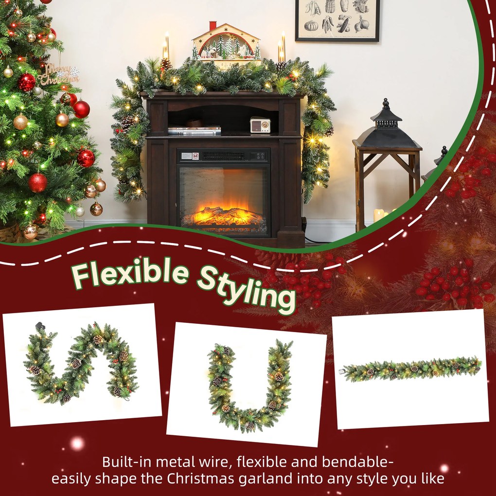 HOMCOM Ghirlandă de Crăciun 183 cm cu Crengi Înzăpezite și 30 de Lumini Albe, Conuri și Boabe pentru Interioare | Aosom Romania