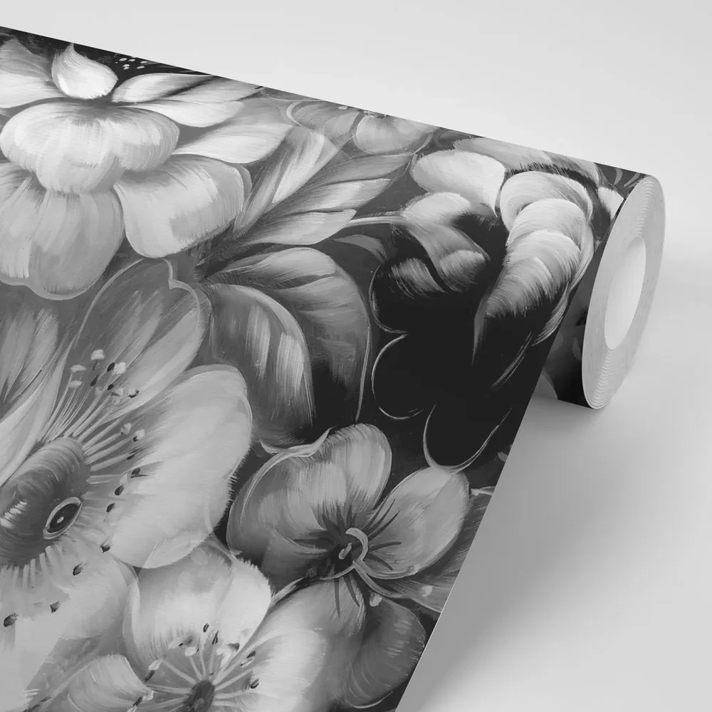 Tapet autoadeziv flori în design alb-negru