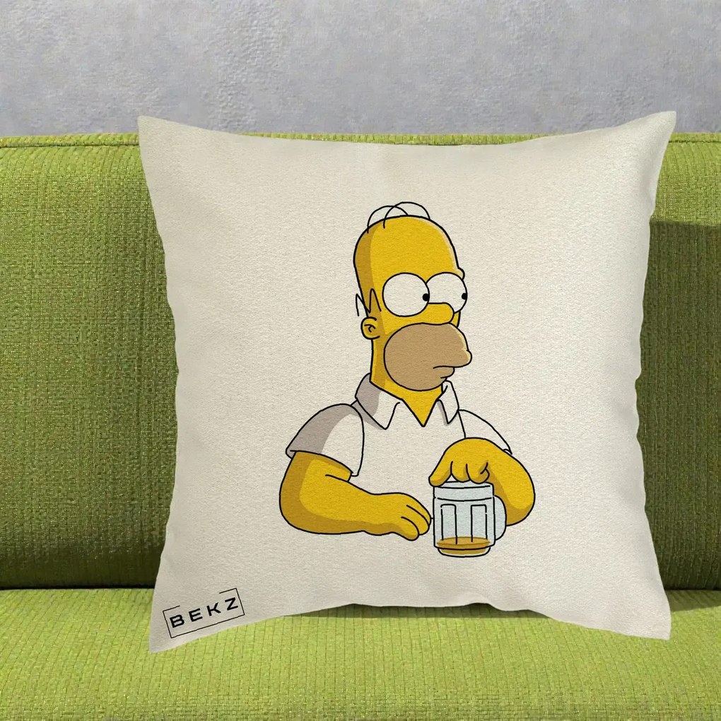 Perna Personalizata Homer Simpson cu Bere, 40x40 cm, Ecru, Husa Detasabila, Perna Inclusa, BEKZ®