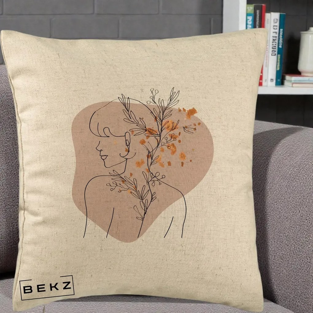 Perna Decorativa Femeie cu Flori Line Art Boho, 40x40 cm, Bej, Husa Detasabila, Perna Inclusa, BEKZ®