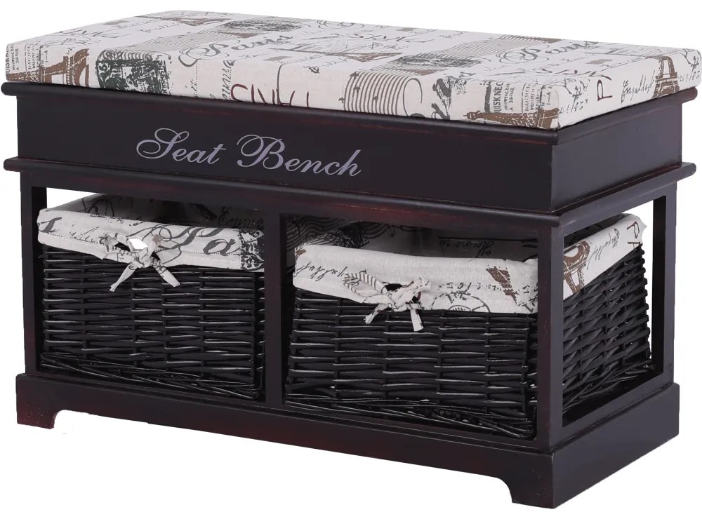 Bancă cu pernă, 2 coşuri de răchită, maro închis/bej/imprimeu, SEAT BENCH 3