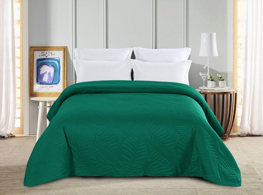 Cuvertura verde pentru pat cu model LEAVES Dimensiune: 170 x 210 cm
