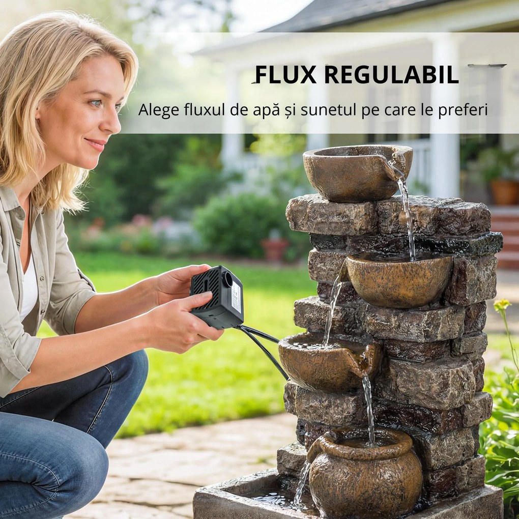 Outsunny Fântână de grădină cu iluminare LED pompă fântână decorativă în cascadă cu 5 niveluri flux reglabil maro rustic | Aosom Romania