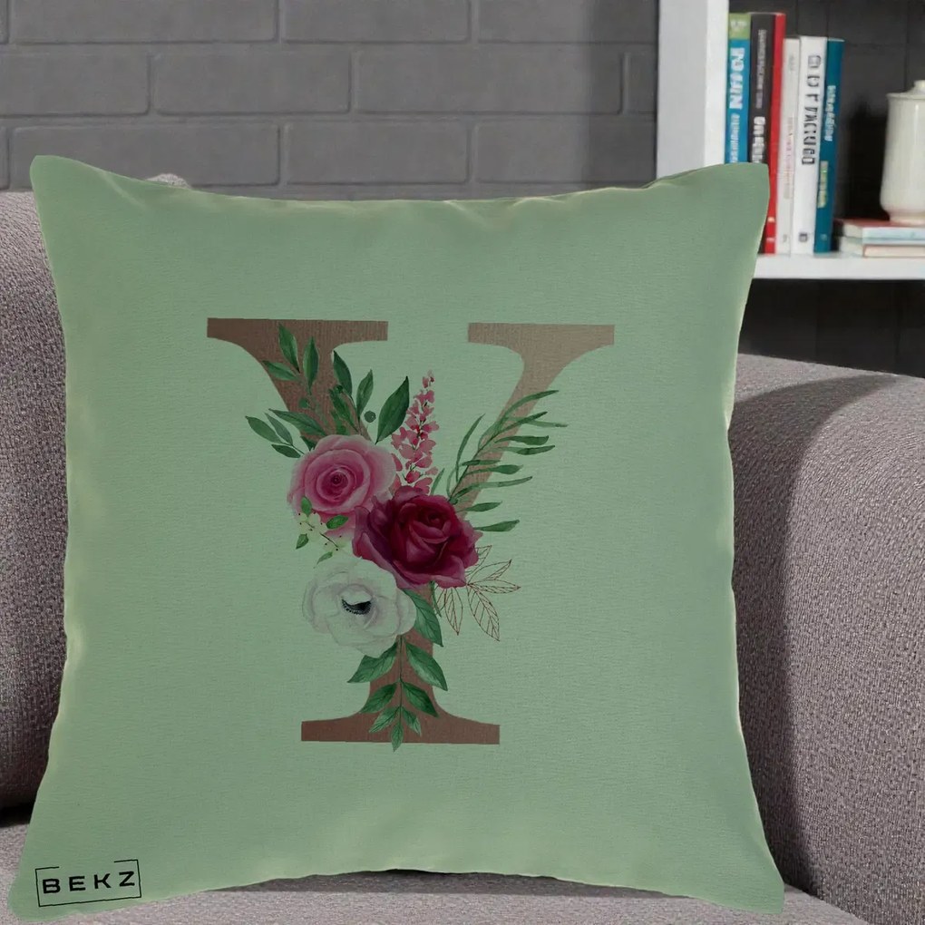 Cadou Personalizat - Perna Personalizata Monograma Rose Gold Litera Y, 40x40 cm, Verde, Husa Detasabila, Perna Inclusa, BEKZ®