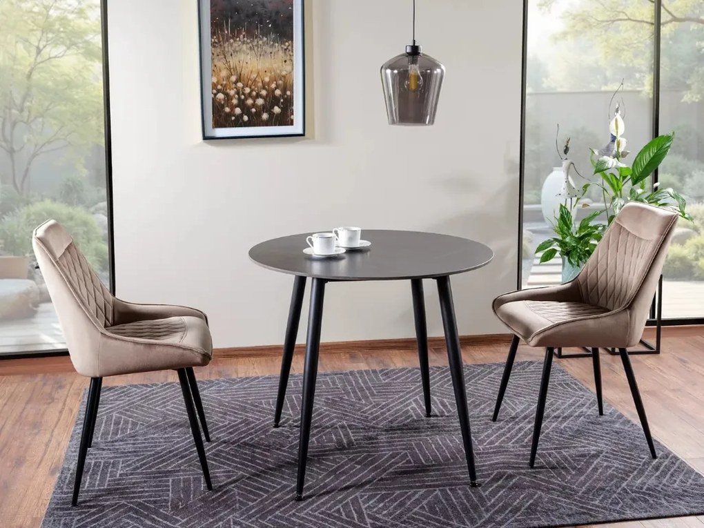 Masă rotundă de dining RION 90 cm cu blat ceramic, marmură neagră