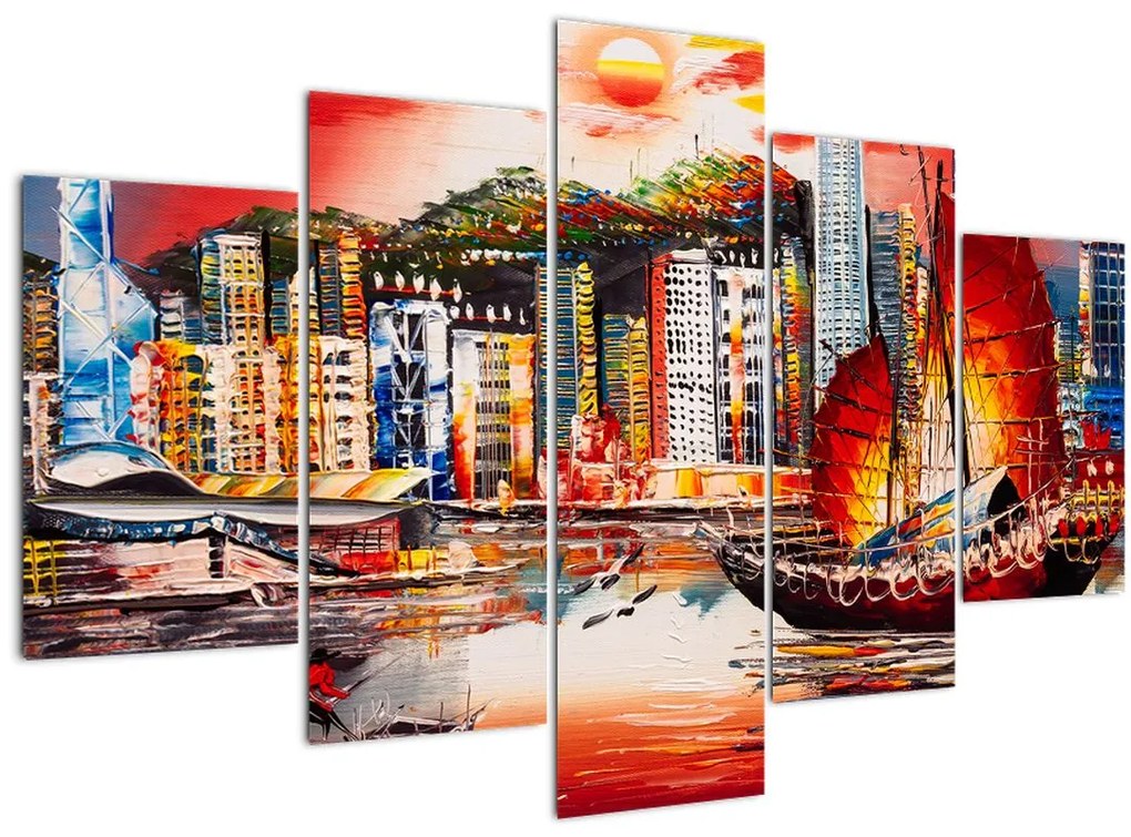 Tablou - Victoria Harbour, Hong Kong, pictură în ulei (150x105 cm)
