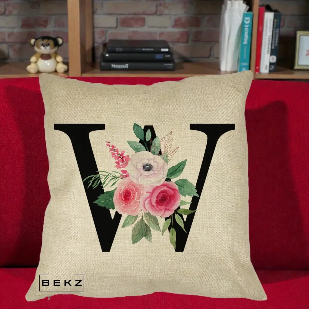 Cadou Personalizat - Perna Personalizata Monograma Florala Litera W cu Trandafiri si Anemona, 40x40 cm, Crem, Husa Detasabila, Perna Inclusa, BEKZ®