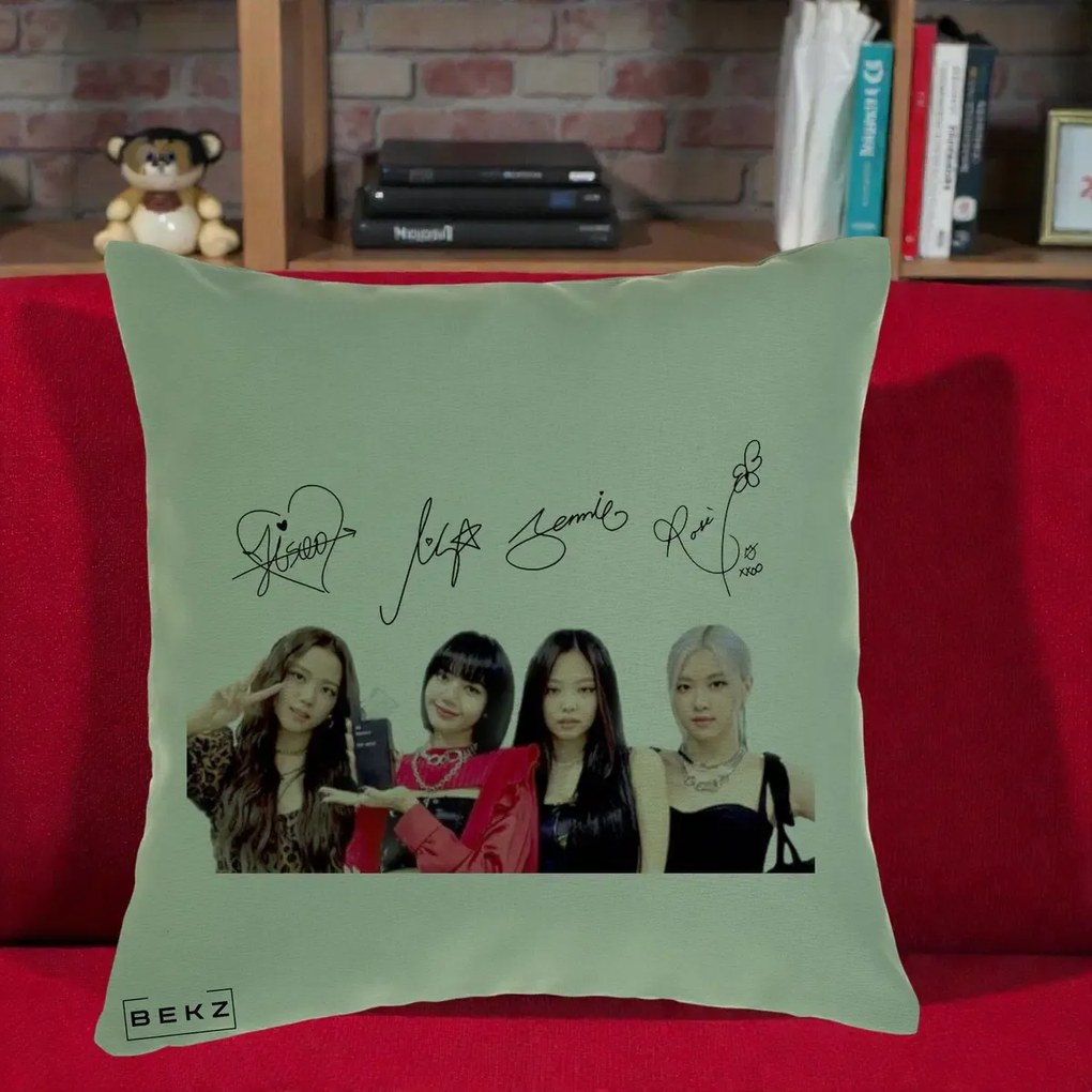 Perna Personalizata K-pop BLACKPINK Semnaturi, 40x40 cm, Verde, Husa Detasabila, Perna Inclusa, BEKZ®