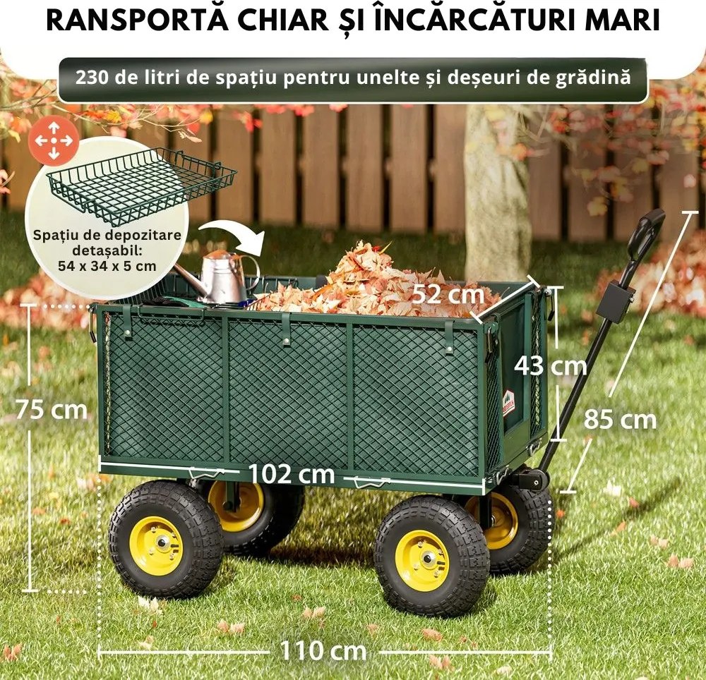 Cărucior de transport HECTOR, max. 550 kg, 110x75x52 cm, verde Gardebruk