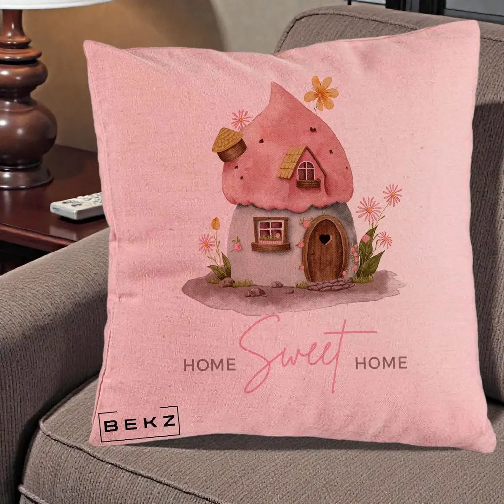 Perna Decorativa Home Sweet Home Casuta, 40x40 cm, Roz, Husa Detasabila, Perna Inclusa, BEKZ®
