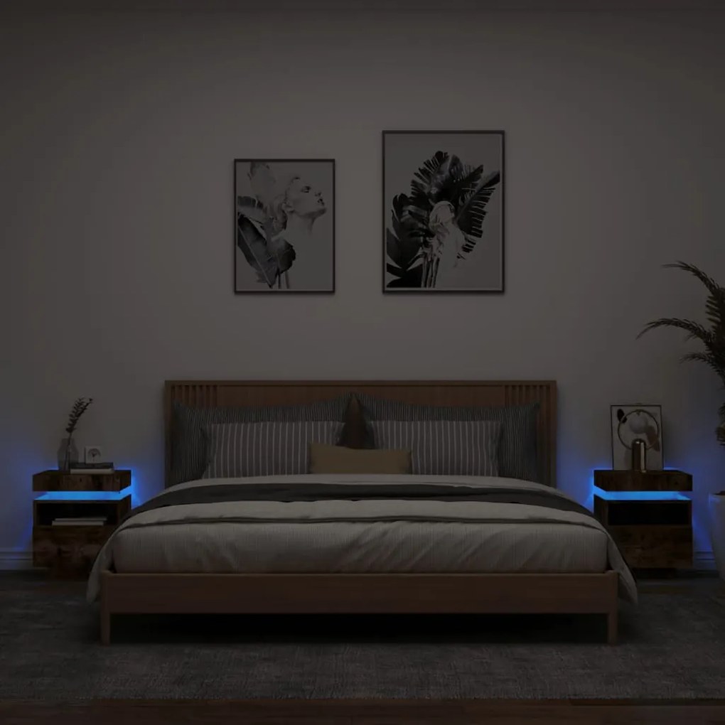 vidaXL Noptiere cu lumini LED, 2 buc., stejar fumuriu, 40x39x48,5 cm