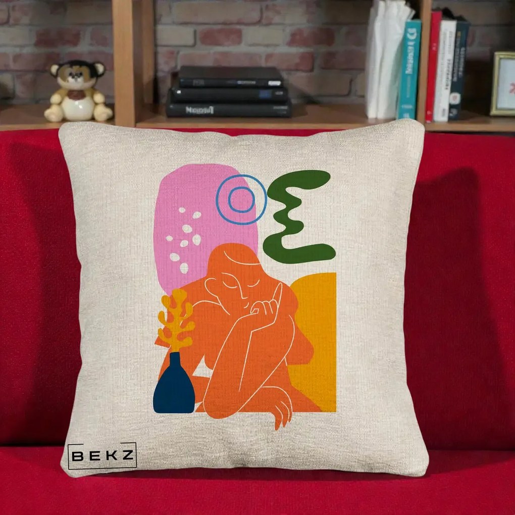 Perna Decorativa Femeie Meditand Abstract, 40x40 cm, Bej Canapea, Husa Detasabila, Perna Inclusa, BEKZ®