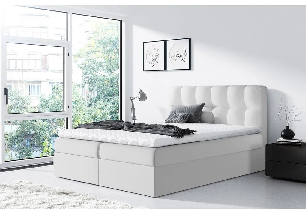 Pat matrimonial Boxspring Maddox (140x200) (piele ecologică Soft 017 (Alb)). 1058933