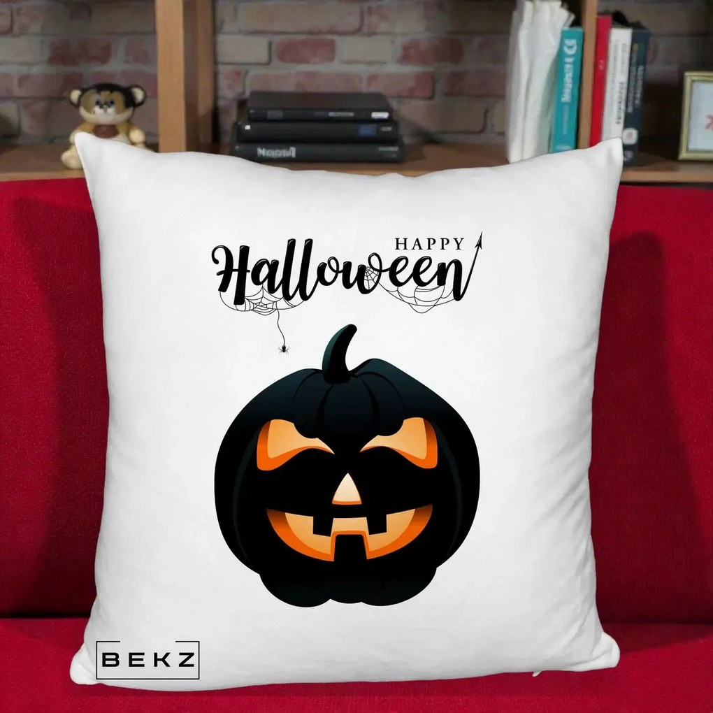 Perna Decorativa Happy Halloween Dovleac Negru cu Paianjen, 40x40 cm, Alb Pufos, Husa Detasabila, Perna Inclusa, BEKZ®