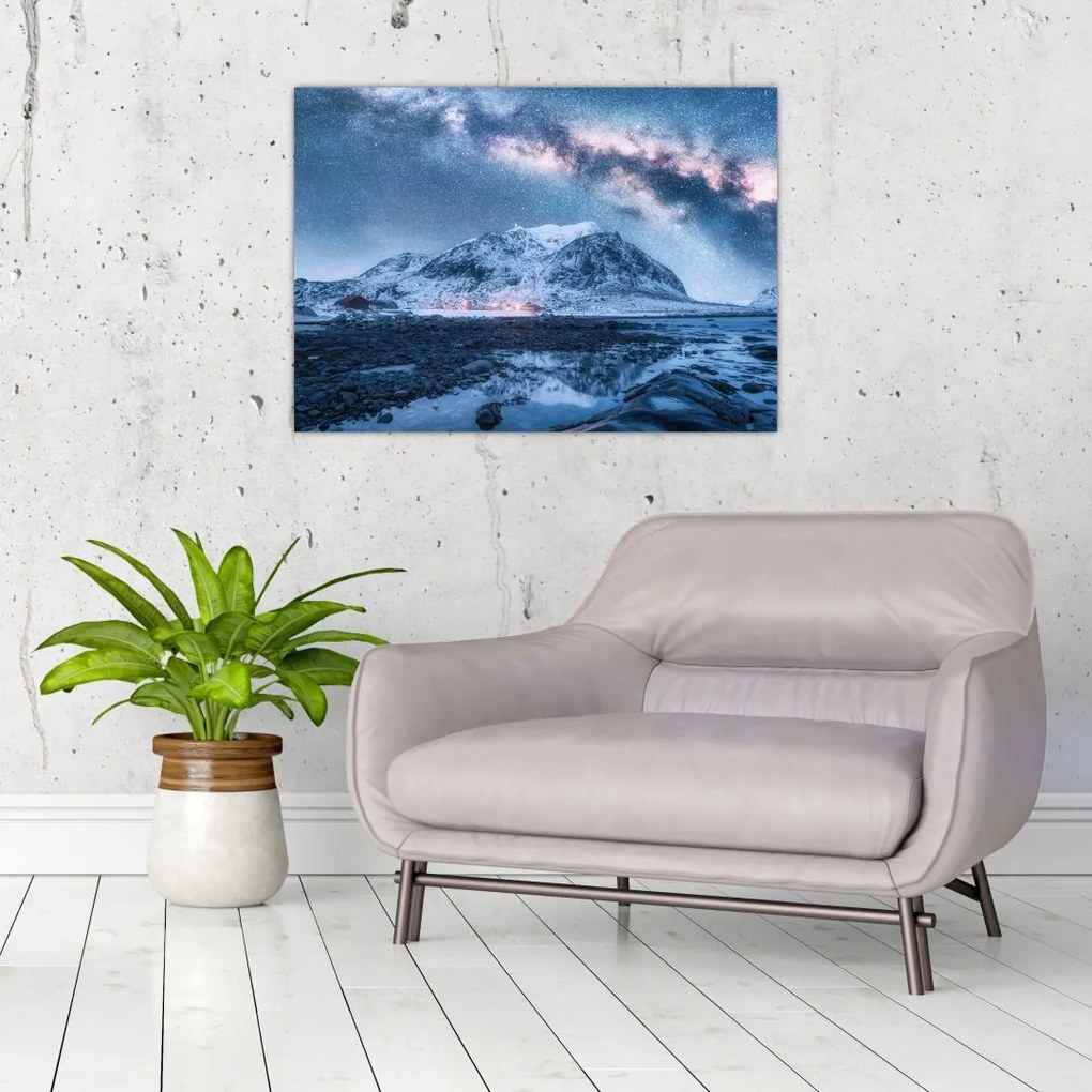 Tablou pe sticlă cu munți și ceul cu stele (70x50 cm)