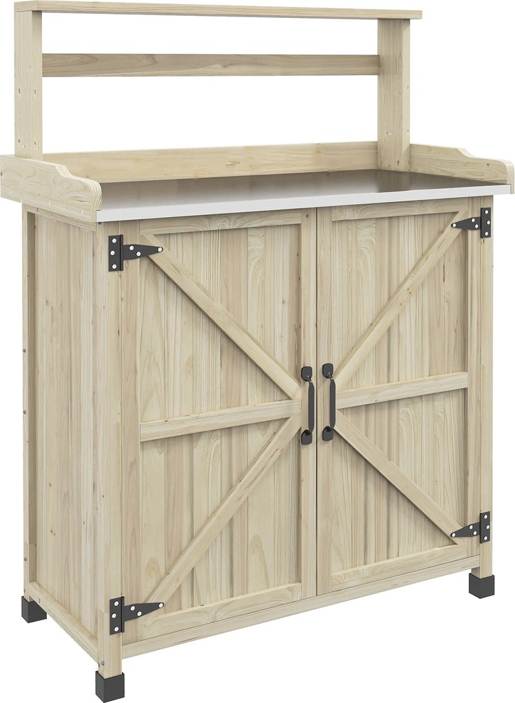 Outsunny Masă de transplant masă de grădinărit dulap și rafturi și blat tălpi antiderapante 90,5x41x124,5cm lemn natural | Aosom Romania