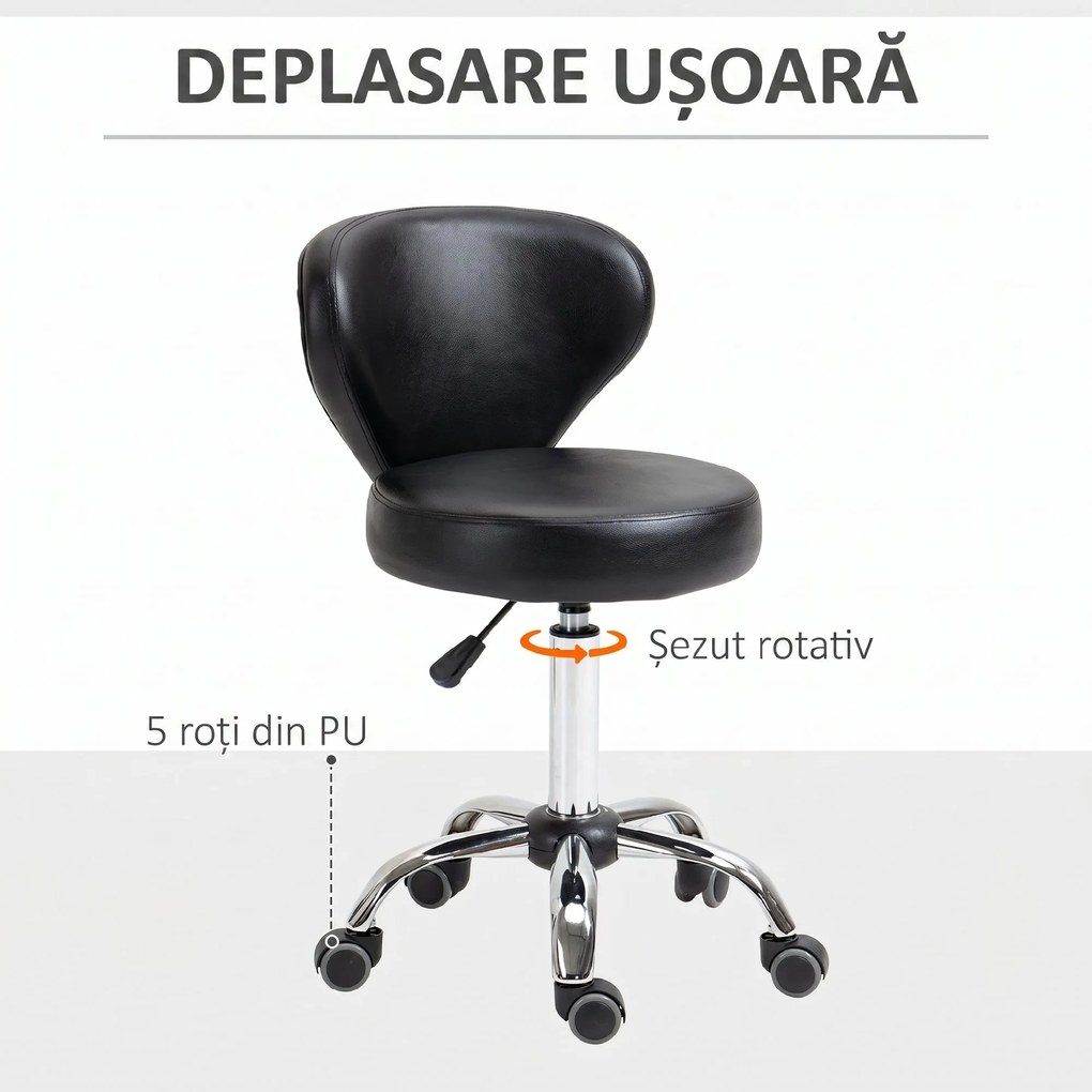HOMCOM Taburet Rotativ 360° Reglabil, Taburet Cosmetic cu Spătar, din Oțel și Piele Ecologică, Negru | Aosom Romania