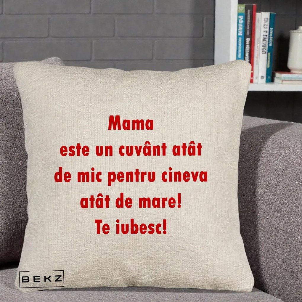 Cadou pentru Mama - Perna Personalizata Mama Cuvant Mic, 40x40 cm, Bej Canapea, Husa Detasabila, Perna Inclusa, BEKZ®