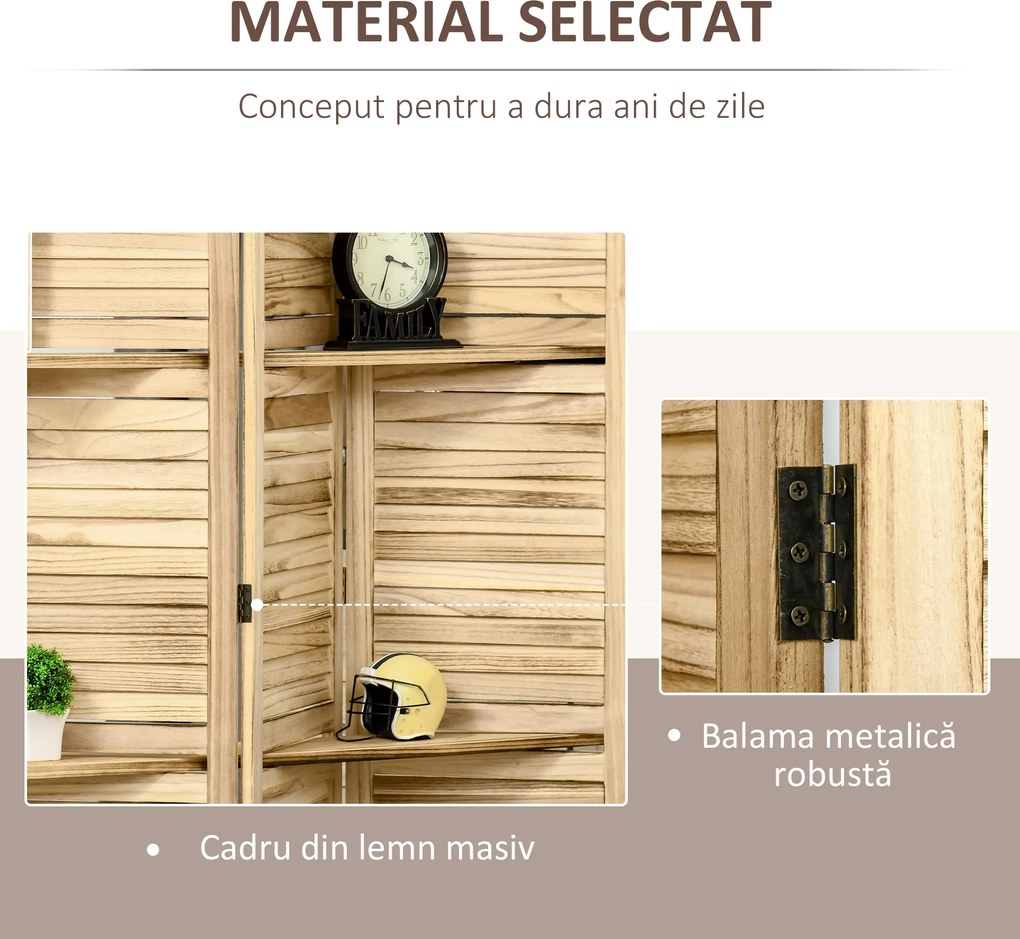 HOMCOM Paravan separator interior pliabil cu 4 panouri și rafturi din lemn de paulownia, 162x170 cm, Lemn | Aosom Romania