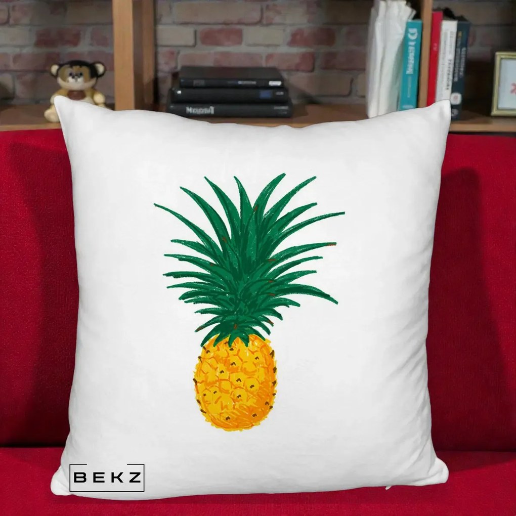 Perna Decorativa Ananas Tropical, 40x40 cm, Alb Pufos, Husa Detasabila, Perna Inclusa, BEKZ®