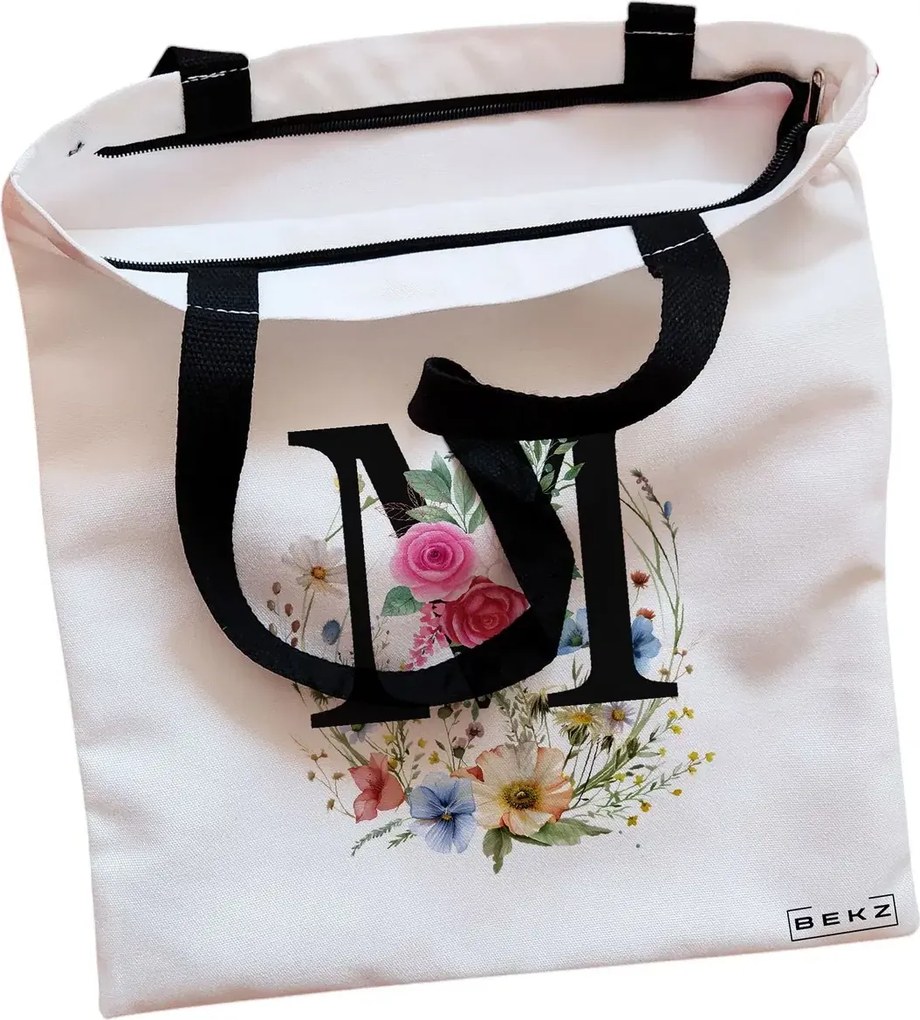 Sacosa de Panza pentru Cumparaturi, Geanta Tote, Cu litera M in Coronita Florala, Cu fermoar, 38x34.5 cm, Alba, BEKZ®