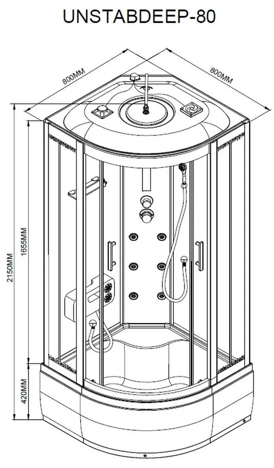 Cabină de duș cu hidromasaj Vital, dimensiune 80x80 cm