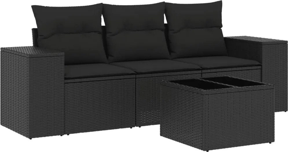 vidaXL Set mobilier de grădină cu perne, 4 piese, negru, poliratan