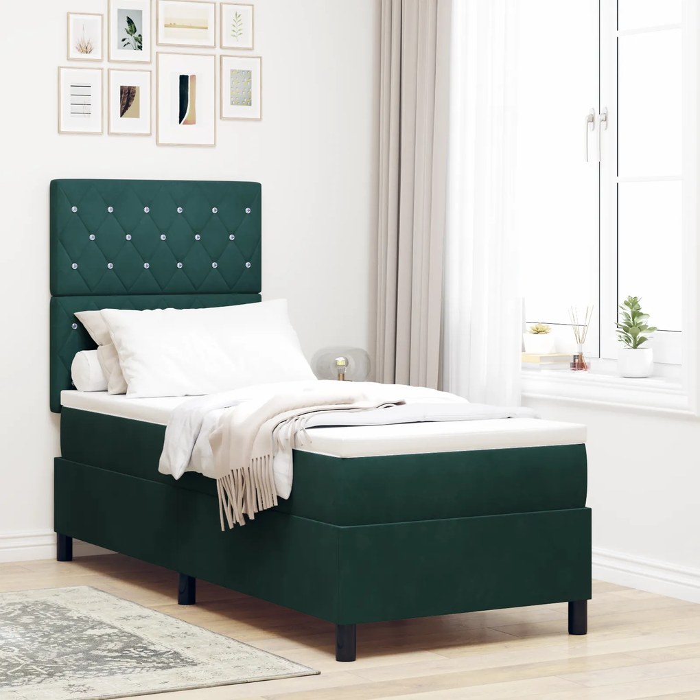 vidaXL Pat box spring cu saltea &amp; LED, verde închis 80x200 cm catifea
