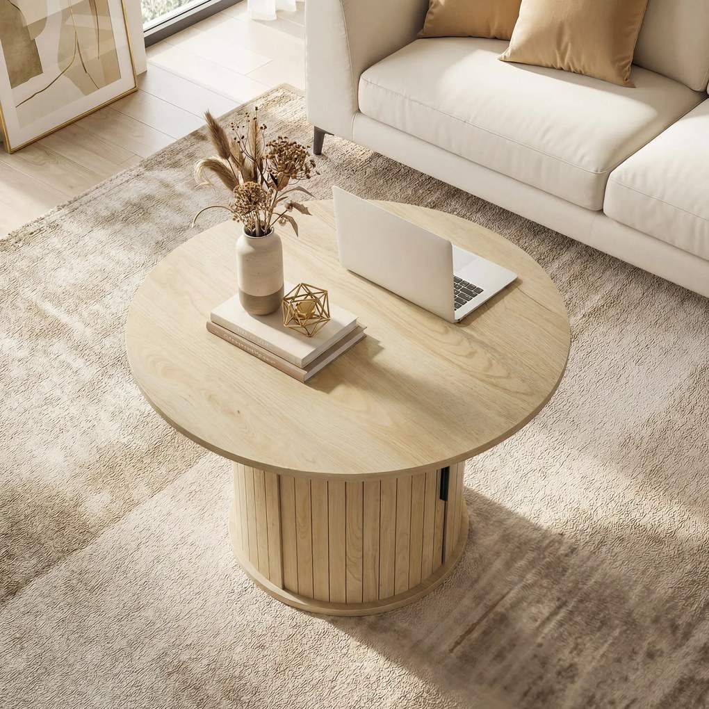 HOMCOM Masă de cafea rotundă, masă pentru living cu depozitare, ușă glisantă cu lamele, 2 rafturi, efect lemn natural | Aosom Romania