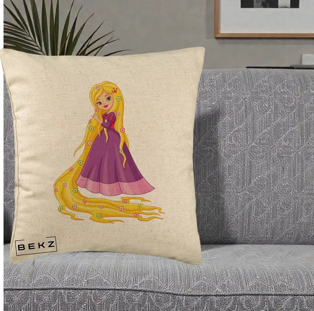 Perna Personalizata Rapunzel Par Lung Floral, 40x40 cm, Bej, Husa Detasabila, Perna Inclusa, BEKZ®