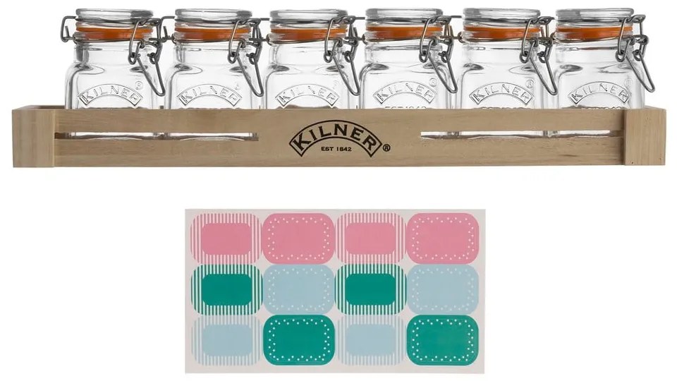 Set 6 recipiente condimente și suport de lemn Kilner Herbs&amp;Spices