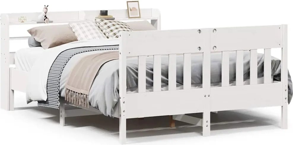 vidaXL Cadru de pat fără saltea, alb, 135x190 cm, lemn masiv de pin