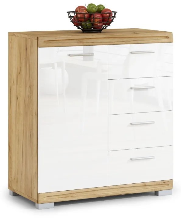 Mazzoni Comodă îngustă SIMPLE KD1SZ4 Stejar Craft Auriu/Alb Luciu - DULAP LIVING CU 4 SERTARE