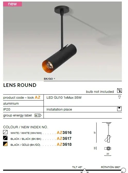 Spot directionabil cu brat, aplicat de tavan/plafon LENS ROUND negru