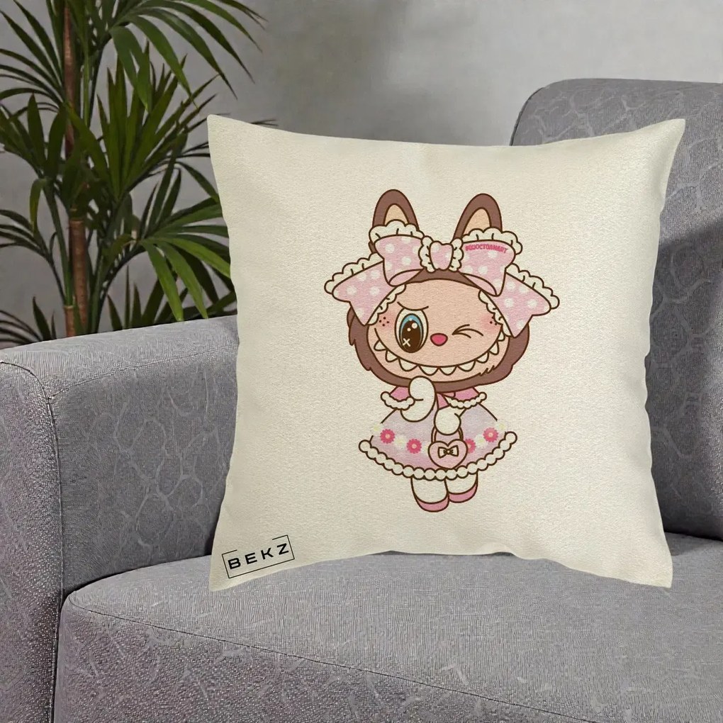 Perna Personalizata Labubu Lolita Roz cu Dantela, 40x40 cm, Ecru, Husa Detasabila, Perna Inclusa, BEKZ®