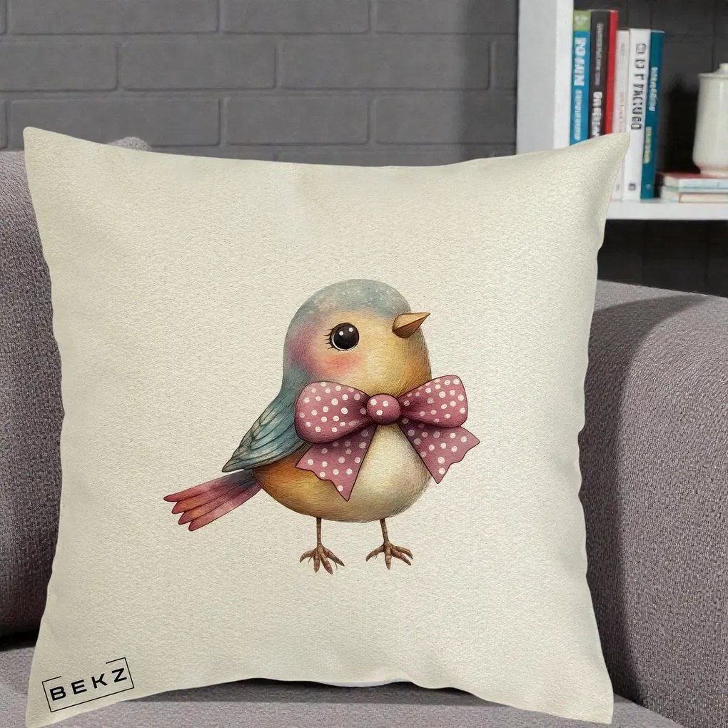 Perna Decorativa Pasare Bleu cu Fundita Roz, 40x40 cm, Ecru, Husa Detasabila, Perna Inclusa, BEKZ®