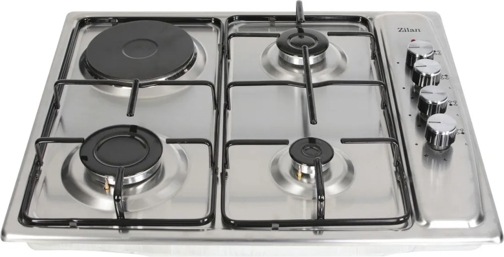 Plita incorporabila Zilan ZLN1918 GPL si Gaz natural 58x50 cm, 3 ochiuri, 1 ochi electric, duze de schimb incluse, aprindere electrica, Inox