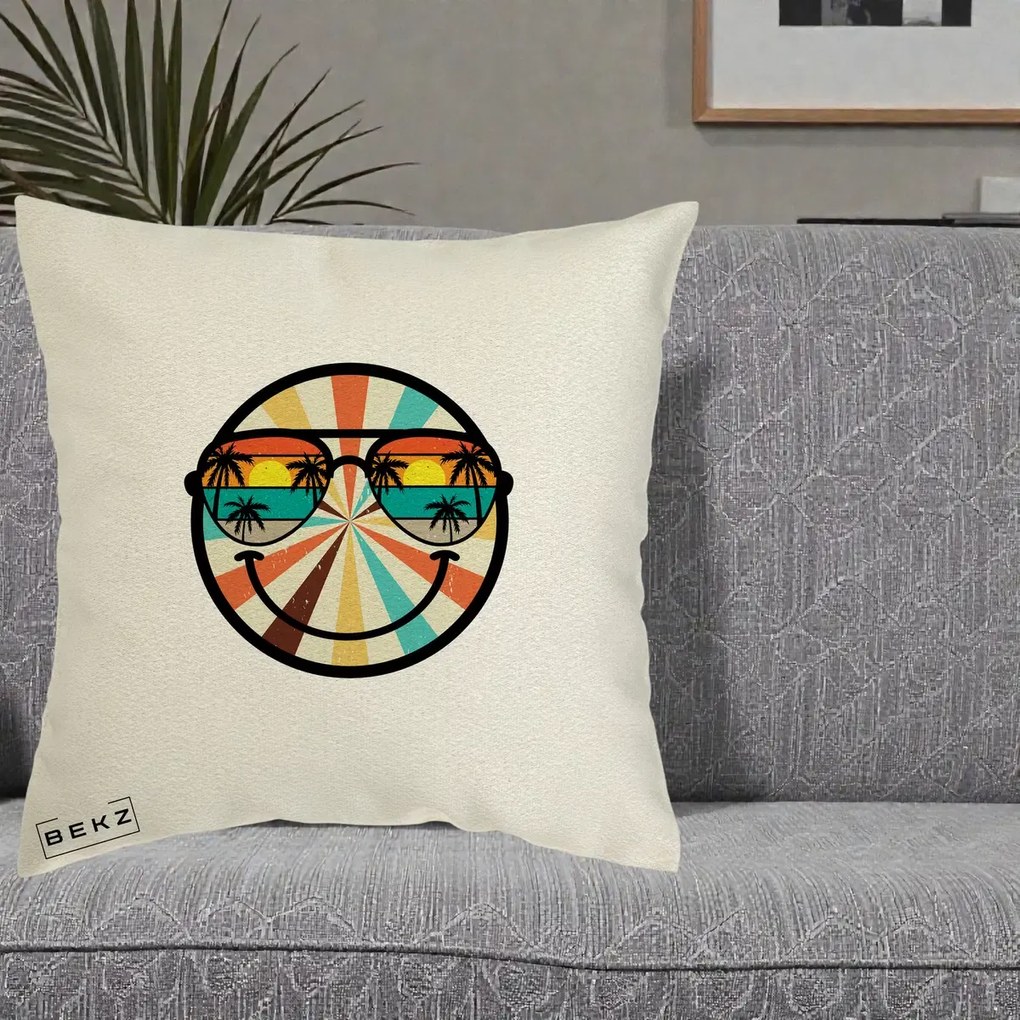 Perna Decorativa Smiley Face Retro Sunset Palmieri, 40x40 cm, Ecru, Husa Detasabila, Perna Inclusa, BEKZ®