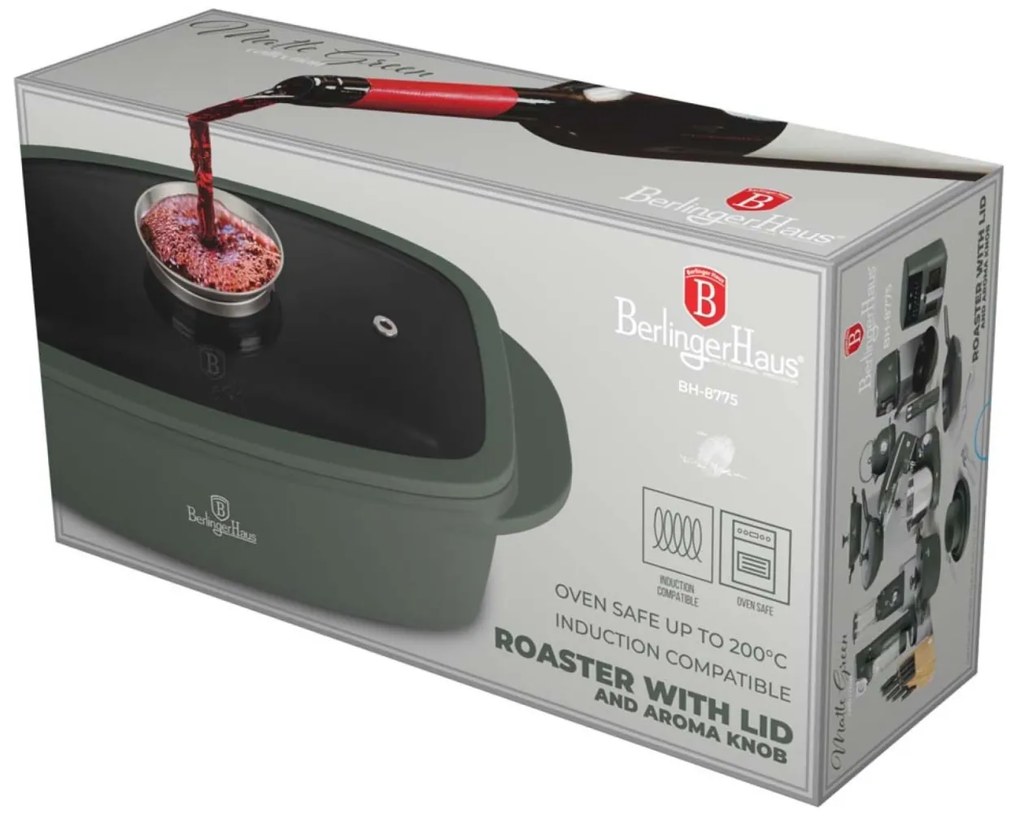 Oală roaster cu capac 32x21 cm, 6L – Berlinger Haus Green Matte Collection BH 8775, verde, antiaderentă, cu strat titan, ideală pentru cuptor și