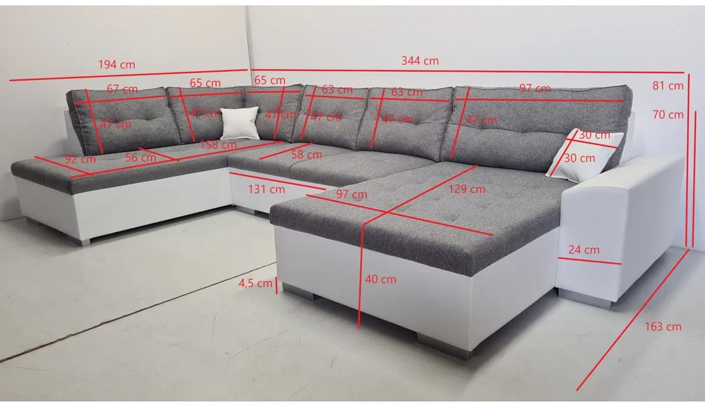 Supermobel Coltar in forma de U WITOS, 344x81x163, malmo 95 /piele ecologica alba, dreapta