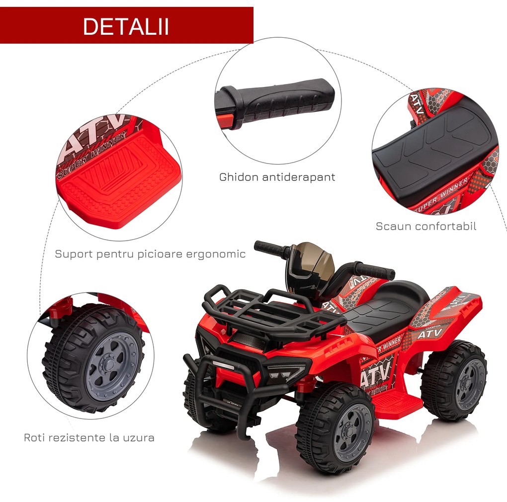 HOMCOM ATV Electric pentru Copii, Vehicul cu Baterie, Siguranță Maximă, Roșu, 66x44x42cm, Ideal 18-36 Luni | Aosom Romania